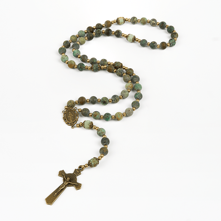 Christianartworkshop Retro Style Miraculous Medal & Crucifix of 8mm Matte African Turquoise Handmade Rosary - image 7