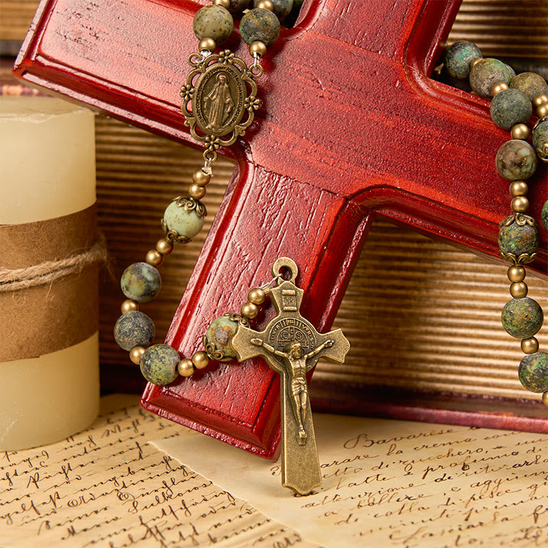 Christianartworkshop Retro Style Miraculous Medal & Crucifix of 8mm Matte African Turquoise Handmade Rosary - image 5