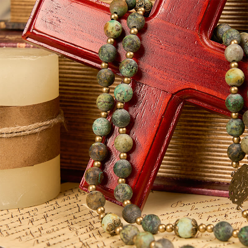 Christianartworkshop Retro Style Miraculous Medal & Crucifix of 8mm Matte African Turquoise Handmade Rosary - image 3