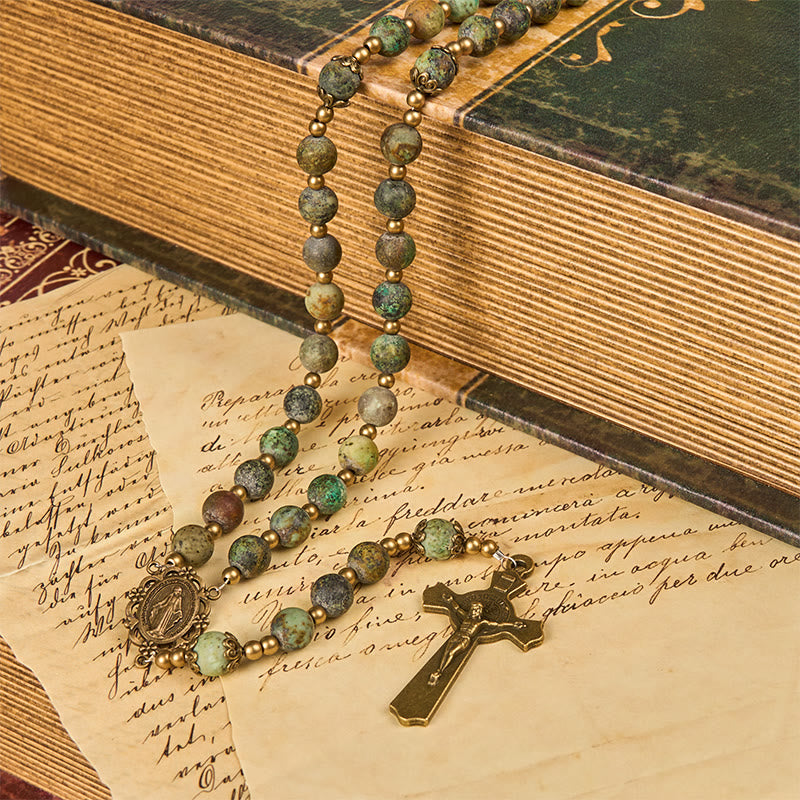 Christianartworkshop Retro Style Miraculous Medal & Crucifix of 8mm Matte African Turquoise Handmade Rosary - image 2