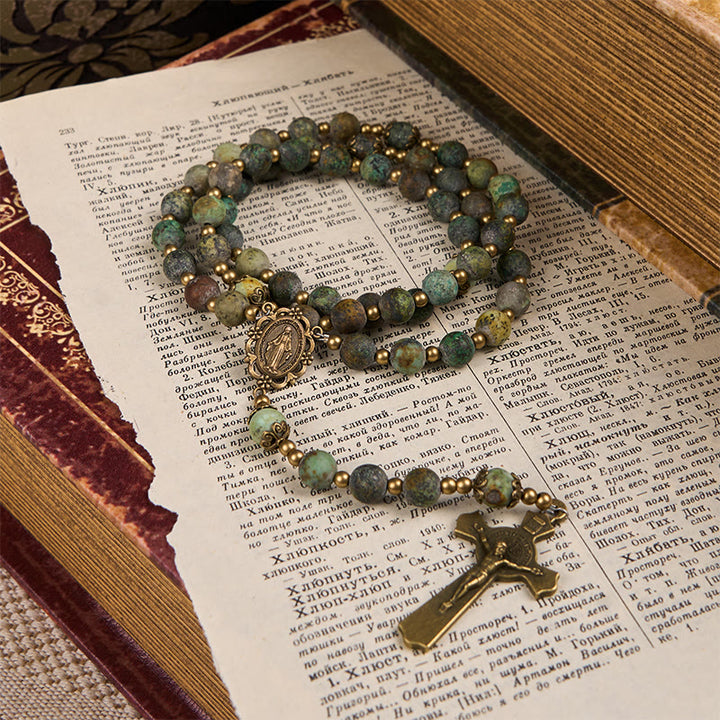 Christianartworkshop Retro Style Miraculous Medal & Crucifix of 8mm Matte African Turquoise Handmade Rosary - image 1