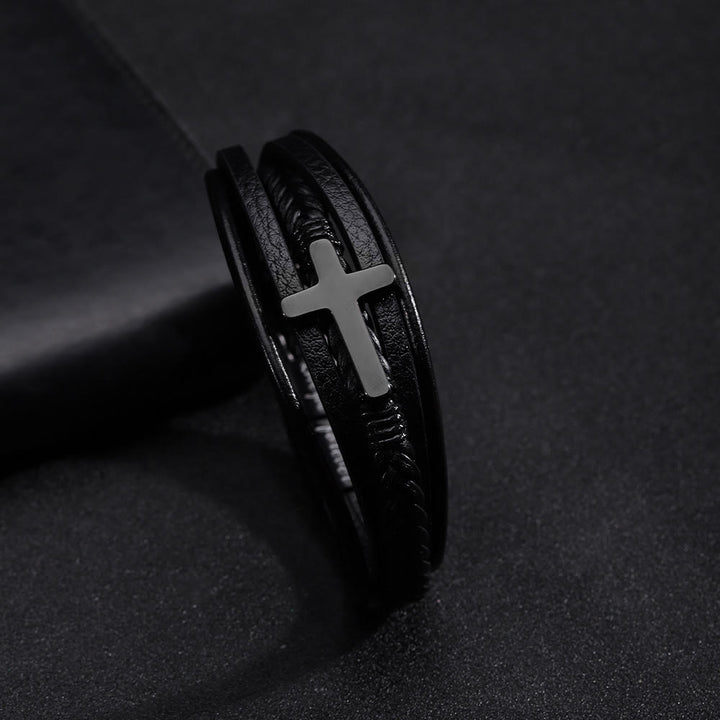 Christianartworkshop  Cross of Black Leather Cuff Band Bracelet - 9'' - image 0