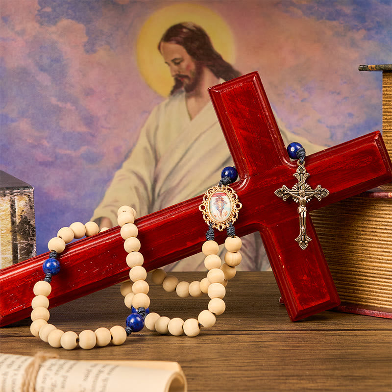Christianartworkshop Our Lady & Crucifix of 10mm Handmade Wooden Beads Lapis Lazuli Our Father Beads Rosary - image 8