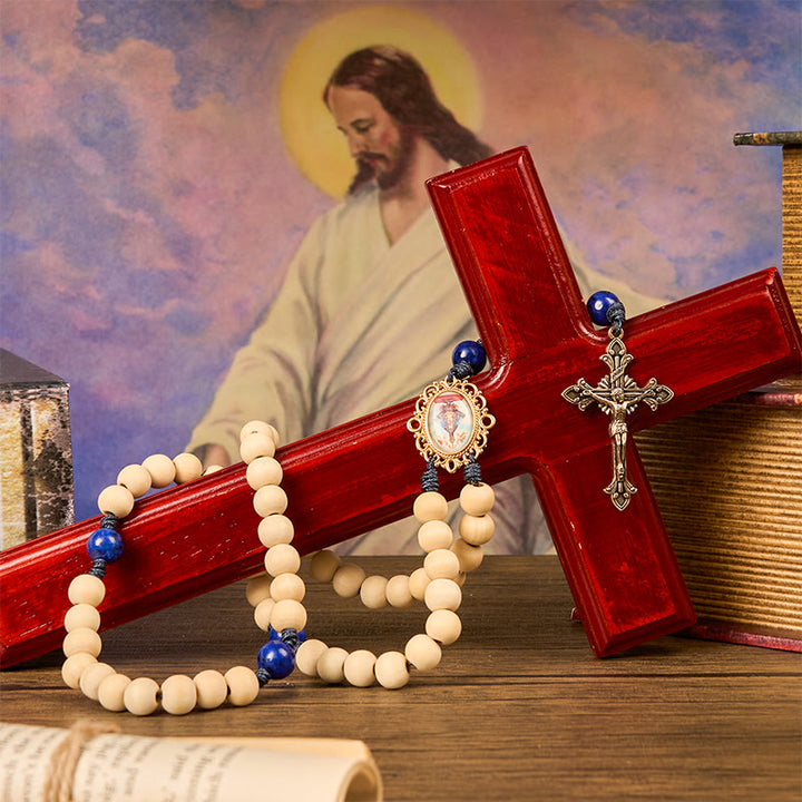 Christianartworkshop Our Lady & Crucifix of 10mm Handmade Wooden Beads Lapis Lazuli Our Father Beads Rosary - image 8