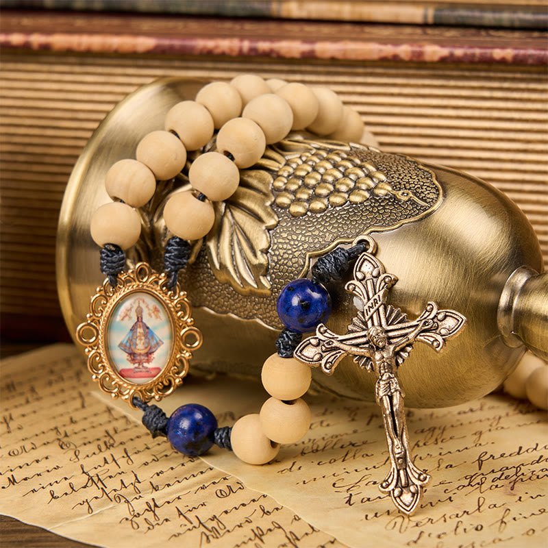 Christianartworkshop Our Lady & Crucifix of 10mm Handmade Wooden Beads Lapis Lazuli Our Father Beads Rosary - image 4
