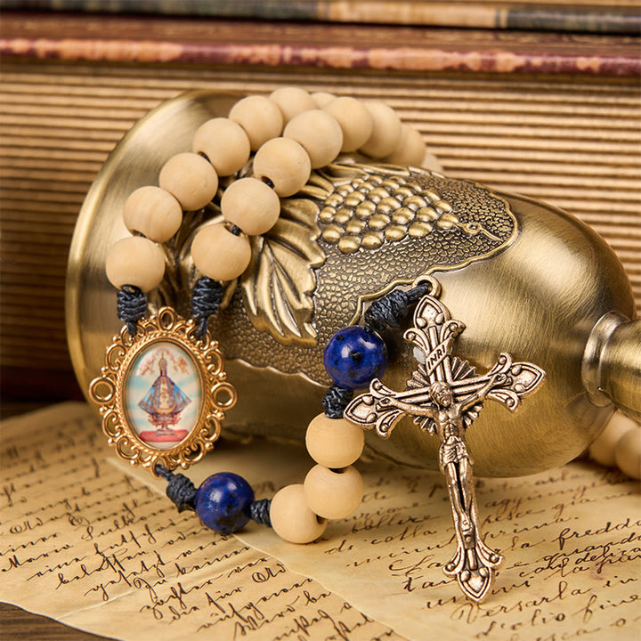 Christianartworkshop Our Lady & Crucifix of 10mm Handmade Wooden Beads Lapis Lazuli Our Father Beads Rosary - image 4