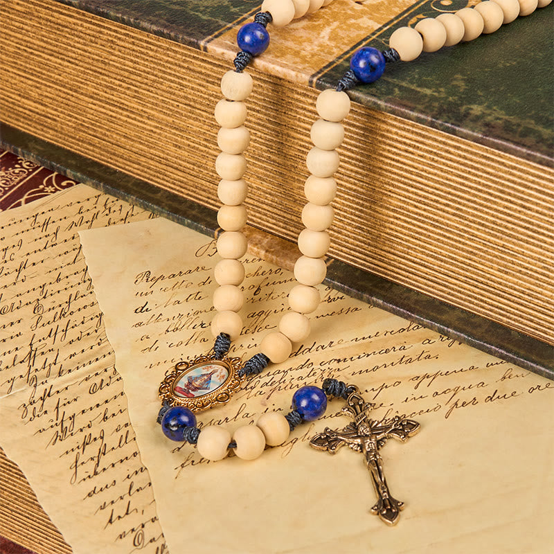 Christianartworkshop Our Lady & Crucifix of 10mm Handmade Wooden Beads Lapis Lazuli Our Father Beads Rosary - image 3