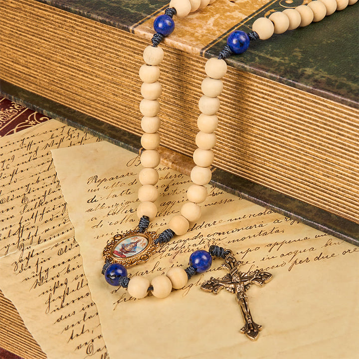 Christianartworkshop Our Lady & Crucifix of 10mm Handmade Wooden Beads Lapis Lazuli Our Father Beads Rosary - image 3