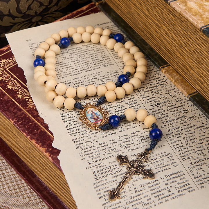 Christianartworkshop Our Lady & Crucifix of 10mm Handmade Wooden Beads Lapis Lazuli Our Father Beads Rosary - image 1