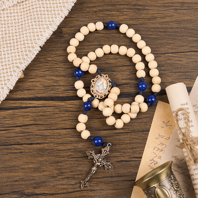 Christianartworkshop Our Lady & Crucifix of 10mm Handmade Wooden Beads Lapis Lazuli Our Father Beads Rosary - image 7