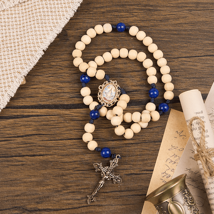 Christianartworkshop Our Lady & Crucifix of 10mm Handmade Wooden Beads Lapis Lazuli Our Father Beads Rosary - image 7