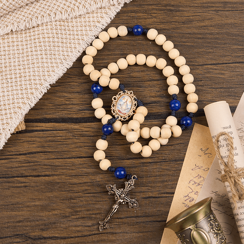 Christianartworkshop Our Lady & Crucifix of 10mm Handmade Wooden Beads Lapis Lazuli Our Father Beads Rosary - image 2