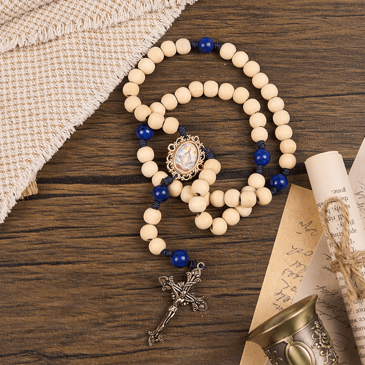 Christianartworkshop Our Lady & Crucifix of 10mm Handmade Wooden Beads Lapis Lazuli Our Father Beads Rosary - image 2
