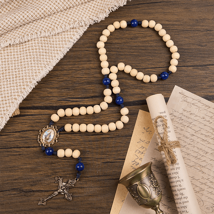 Christianartworkshop Our Lady & Crucifix of 10mm Handmade Wooden Beads Lapis Lazuli Our Father Beads Rosary - image 6