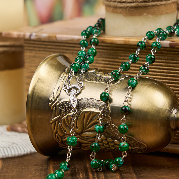 Christianartworkshop Our Lady & Crucifix of 6mm Green Pattern Glass Beads Prayer Rosary - image 3