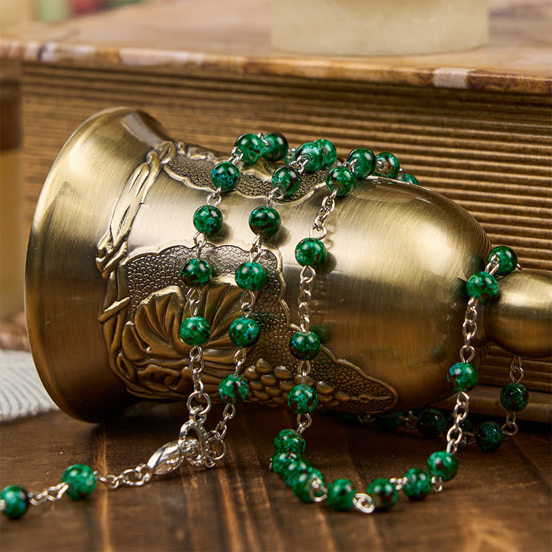 Christianartworkshop Our Lady & Crucifix of 6mm Green Pattern Glass Beads Prayer Rosary - image 5