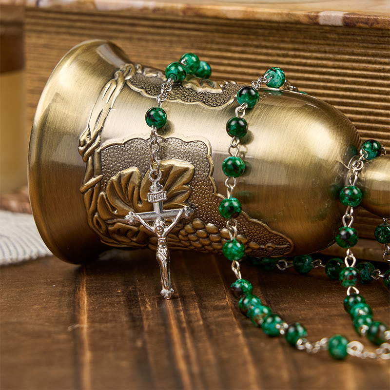Christianartworkshop Our Lady & Crucifix of 6mm Green Pattern Glass Beads Prayer Rosary - image 4