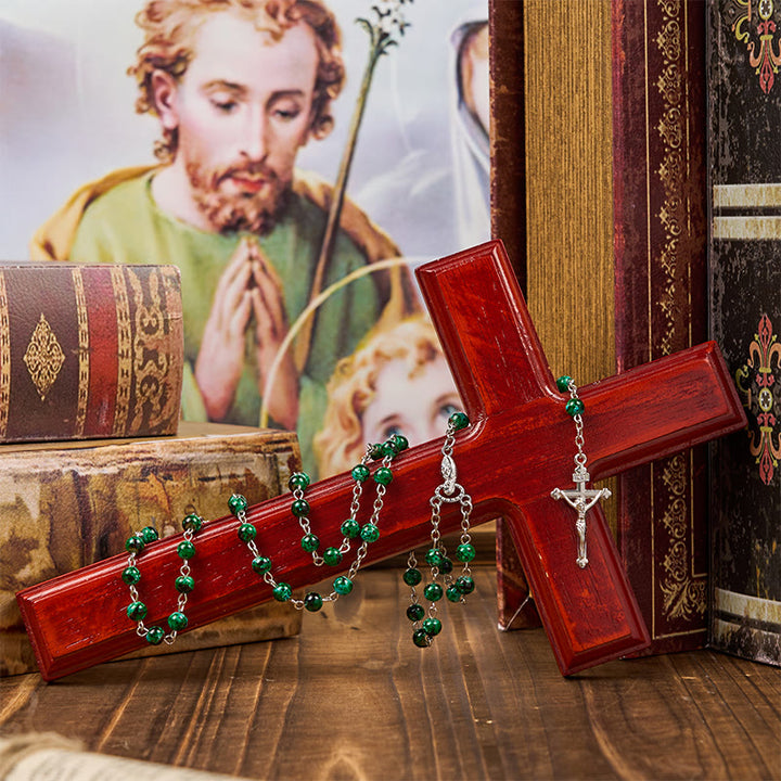 Christianartworkshop Our Lady & Crucifix of 6mm Green Pattern Glass Beads Prayer Rosary - image 6