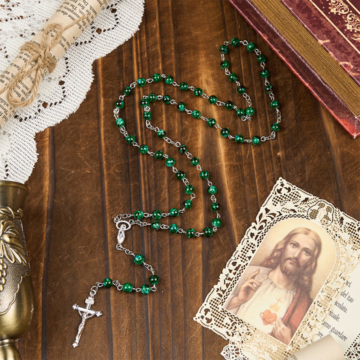 Christianartworkshop Our Lady & Crucifix of 6mm Green Pattern Glass Beads Prayer Rosary - image 2