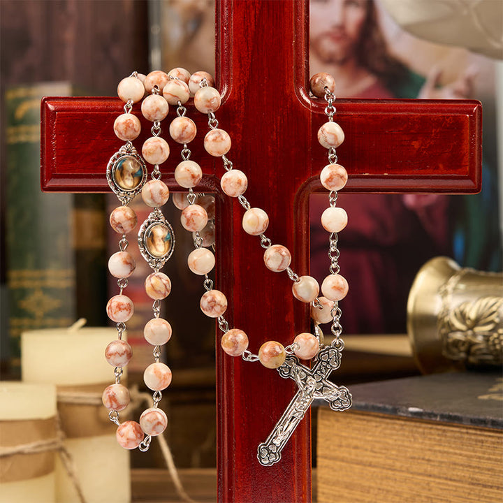 Christianartworkshop Our Lady Pray For US & Crucifix of 8mm Red Stone Prayer Beads Rosary - image 4