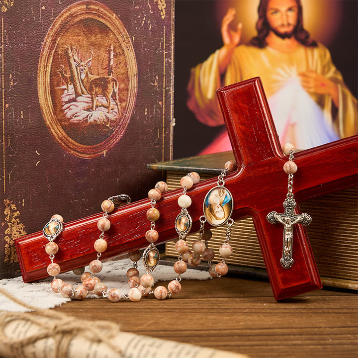 Christianartworkshop Our Lady Pray For US & Crucifix of 8mm Red Stone Prayer Beads Rosary - image 5