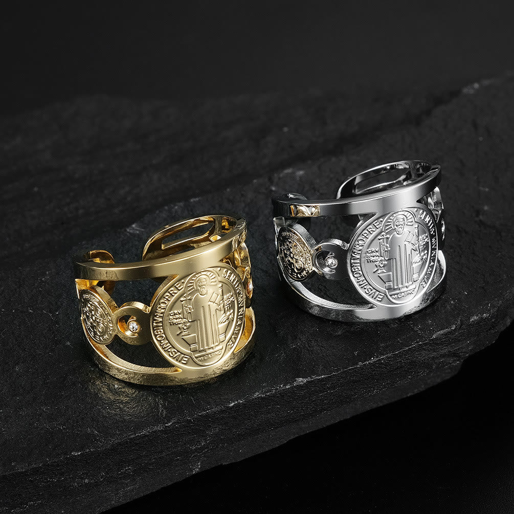 Christianartworkshop St. Benedict Ring - Divine Protection and Eternal Blessings - Golden - Adjustable - image 1