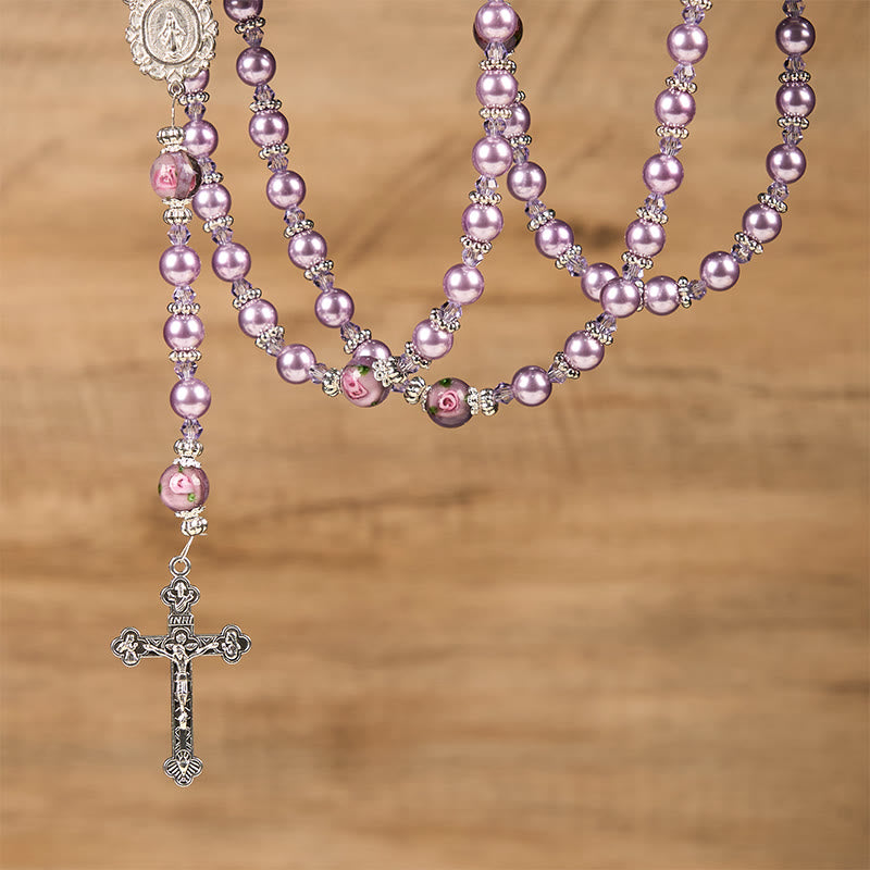 Christianartworkshop Miraculous Medal & Crucifix 8mm Purple Pearl & Crystal Handmade Rosary - Sacred Beads for Holy Prayer - image 6