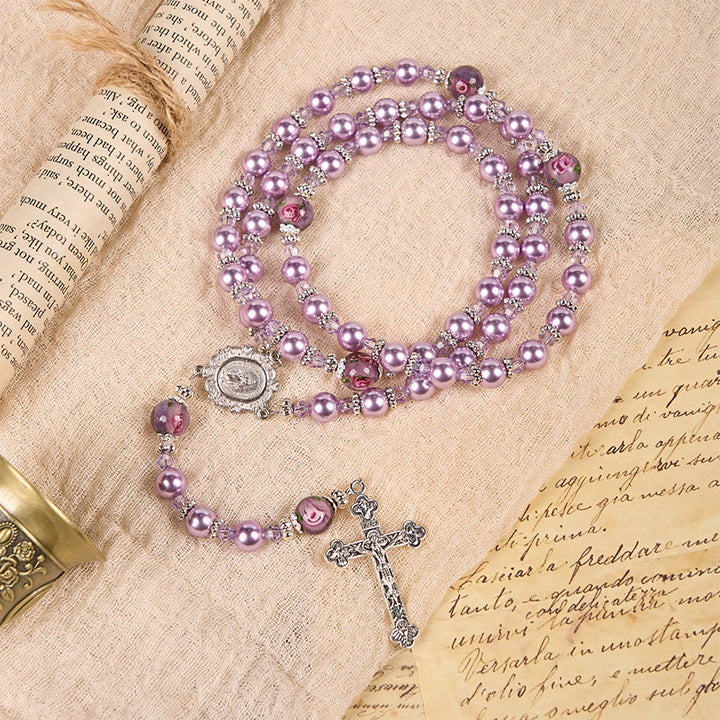 Christianartworkshop Miraculous Medal & Crucifix 8mm Purple Pearl & Crystal Handmade Rosary - Sacred Beads for Holy Prayer - image 3