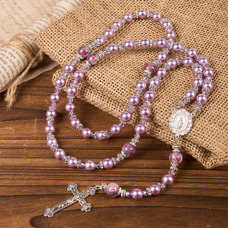 Christianartworkshop Miraculous Medal & Crucifix 8mm Purple Pearl & Crystal Handmade Rosary - Sacred Beads for Holy Prayer - image 2
