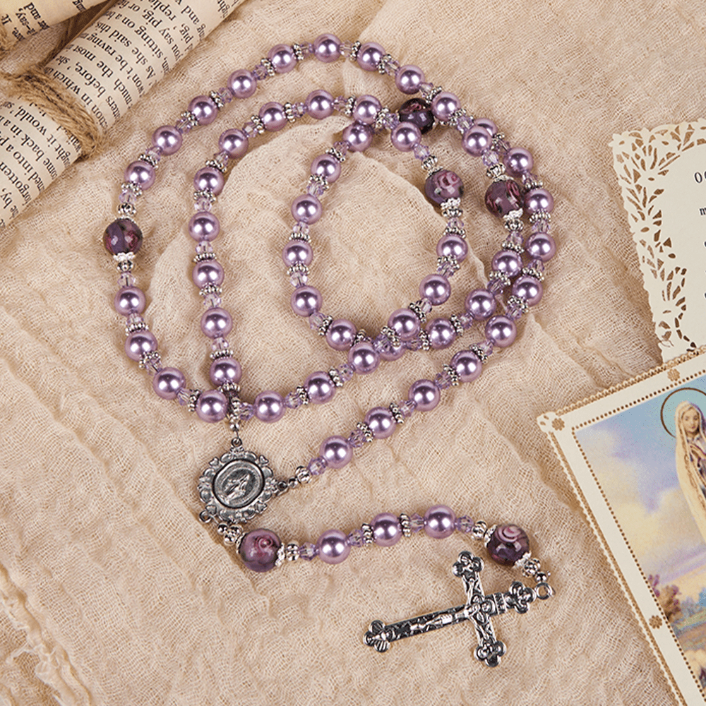 Christianartworkshop Miraculous Medal & Crucifix 8mm Purple Pearl & Crystal Handmade Rosary - Sacred Beads for Holy Prayer - image 4