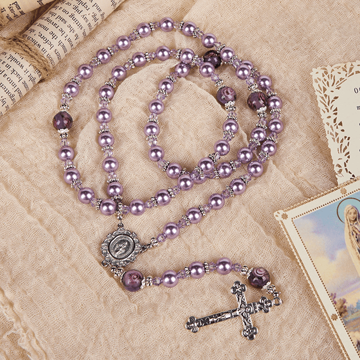 Christianartworkshop Miraculous Medal & Crucifix 8mm Purple Pearl & Crystal Handmade Rosary - Sacred Beads for Holy Prayer - image 4