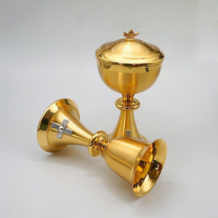 Christianartworkshop Exquisite Gold-Tone Cross-Adorned Chalice and Pyx  - Divine Vessels for Sacred Communion - Chalice - image 1