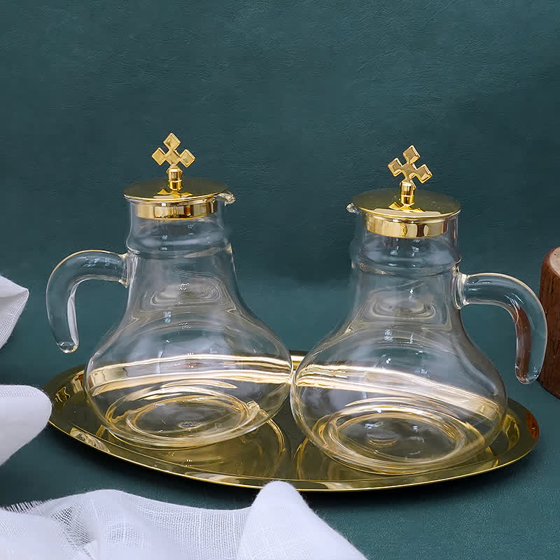 Christianartworkshop Elegant Brass-Trimmed Glass Cruet Set with Cross Motif - Traditional Worship Accessories - image 2
