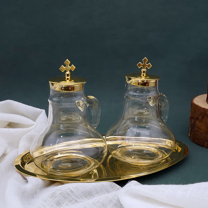 Christianartworkshop Elegant Brass-Trimmed Glass Cruet Set with Cross Motif - Traditional Worship Accessories - image 6