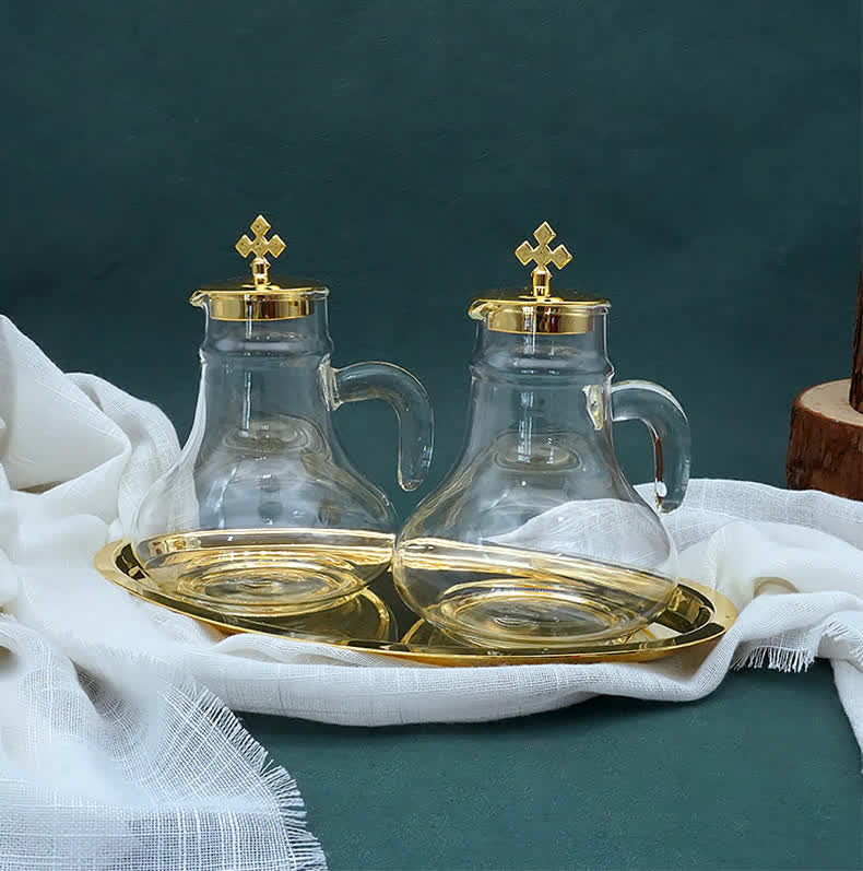 Christianartworkshop Elegant Brass-Trimmed Glass Cruet Set with Cross Motif - Traditional Worship Accessories - Tray&Wine Jug - image 1