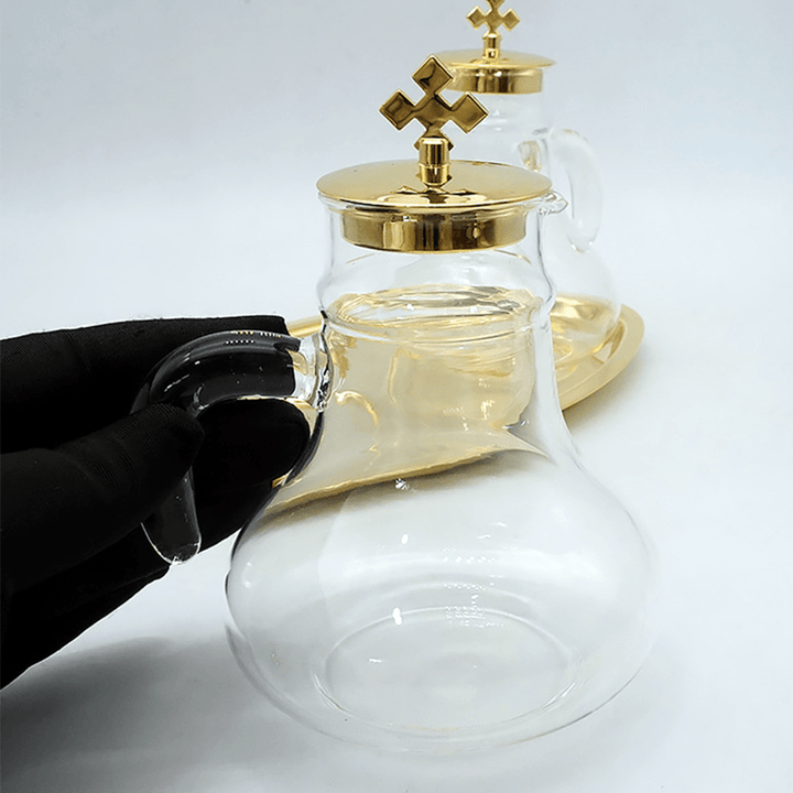 Christianartworkshop Elegant Brass-Trimmed Glass Cruet Set with Cross Motif - Traditional Worship Accessories - image 3