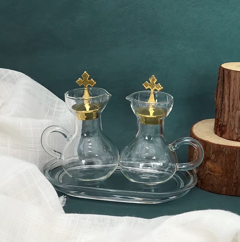 Christianartworkshop Graceful Gold-Accented Glass Cruet Set with Cross - Exquisite Sacramental Serveware - image 2