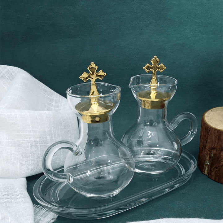 Christianartworkshop Graceful Gold-Accented Glass Cruet Set with Cross - Exquisite Sacramental Serveware - Tray&Wine Jug - image 1