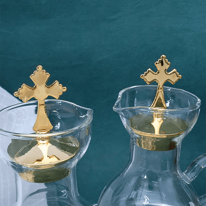 Christianartworkshop Graceful Gold-Accented Glass Cruet Set with Cross - Exquisite Sacramental Serveware - image 3