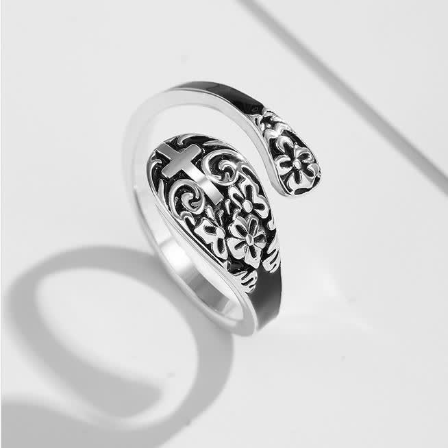 Christianartworkshop Adjustable 925 Sterling Silver Engraved Cross Ring - Elegance in Devotion - 925 Sterling Silver - image 1