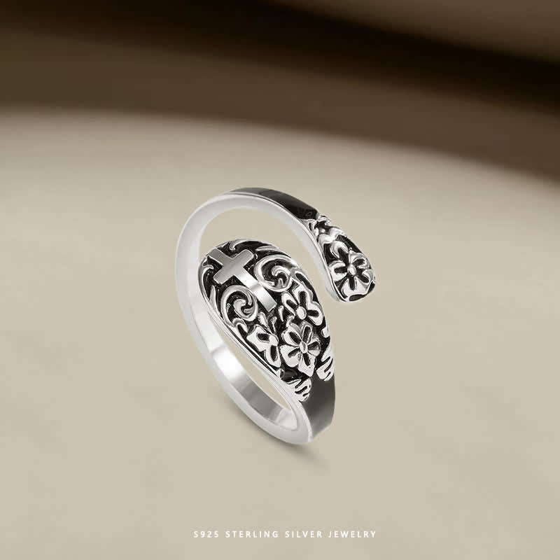 Christianartworkshop Adjustable 925 Sterling Silver Engraved Cross Ring - Elegance in Devotion - image 2