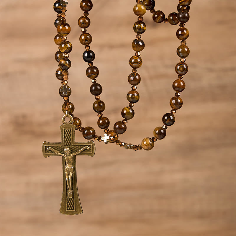 Christianartworkshop St. Benedict Medal & Crucifix of 8 mm Round Brown Tiger's Eye Alloy Chain Rosary - image 3