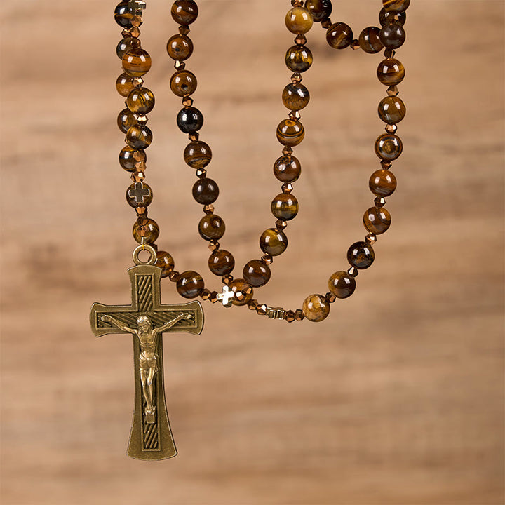 Christianartworkshop St. Benedict Medal & Crucifix of 8 mm Round Brown Tiger's Eye Alloy Chain Rosary - image 3