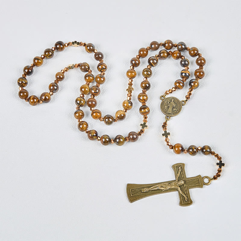 Christianartworkshop St. Benedict Medal & Crucifix of 8 mm Round Brown Tiger's Eye Alloy Chain Rosary - image 9
