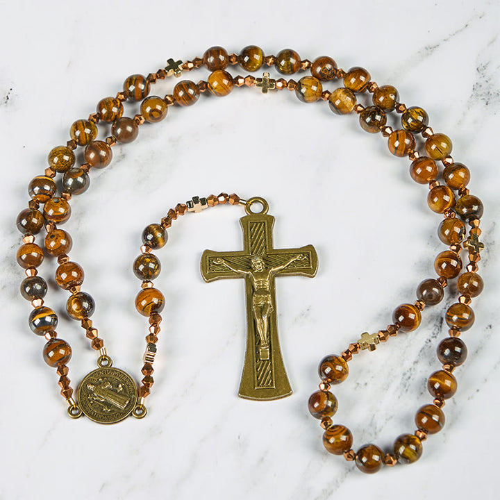 Christianartworkshop St. Benedict Medal & Crucifix of 8 mm Round Brown Tiger's Eye Alloy Chain Rosary - image 8