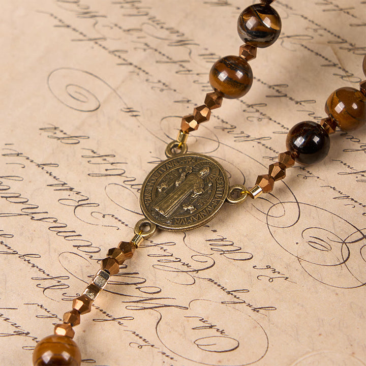 Christianartworkshop St. Benedict Medal & Crucifix of 8 mm Round Brown Tiger's Eye Alloy Chain Rosary - image 7
