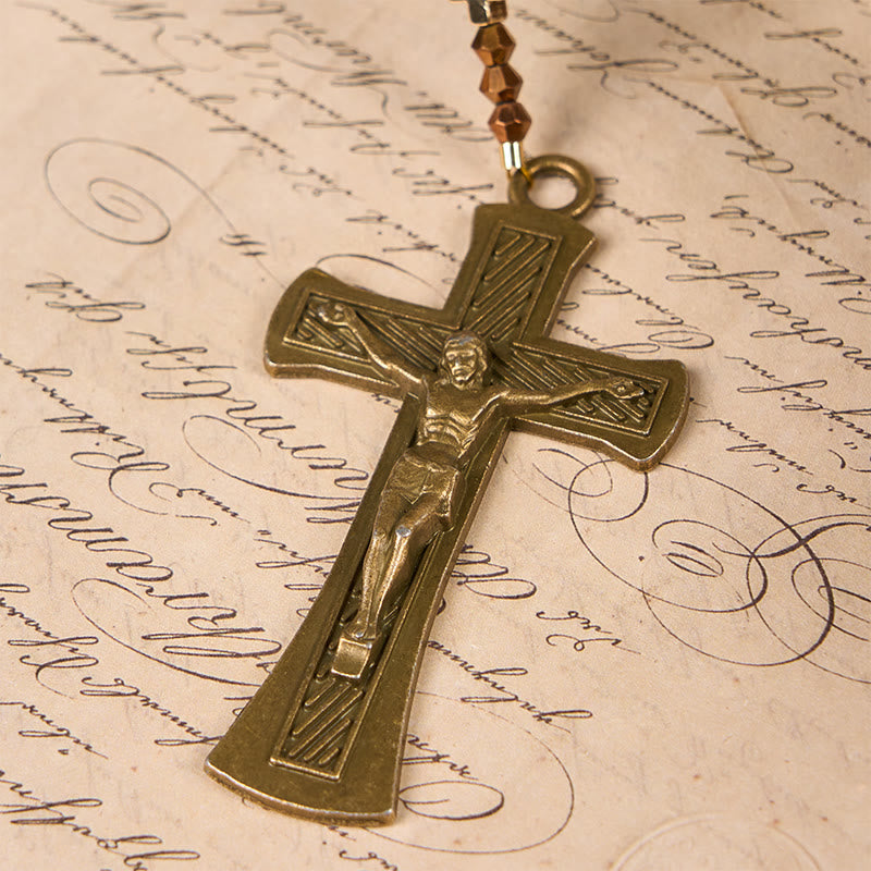 Christianartworkshop St. Benedict Medal & Crucifix of 8 mm Round Brown Tiger's Eye Alloy Chain Rosary - image 6