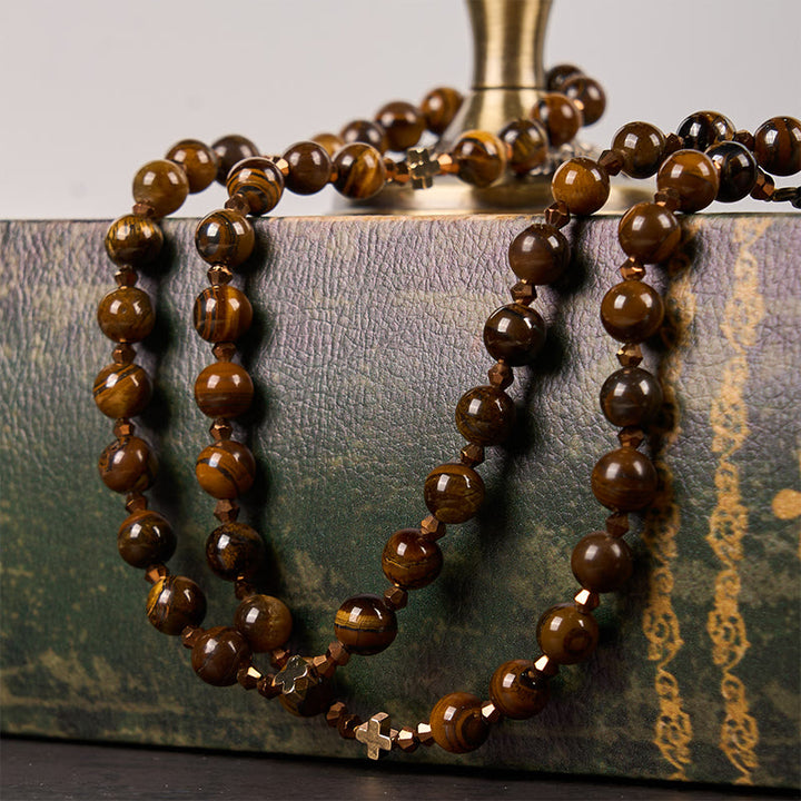 Christianartworkshop St. Benedict Medal & Crucifix of 8 mm Round Brown Tiger's Eye Alloy Chain Rosary - image 4