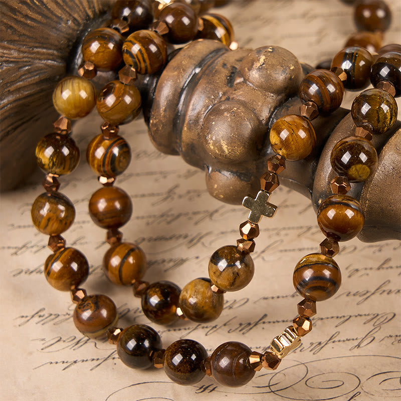 Christianartworkshop St. Benedict Medal & Crucifix of 8 mm Round Brown Tiger's Eye Alloy Chain Rosary - image 5