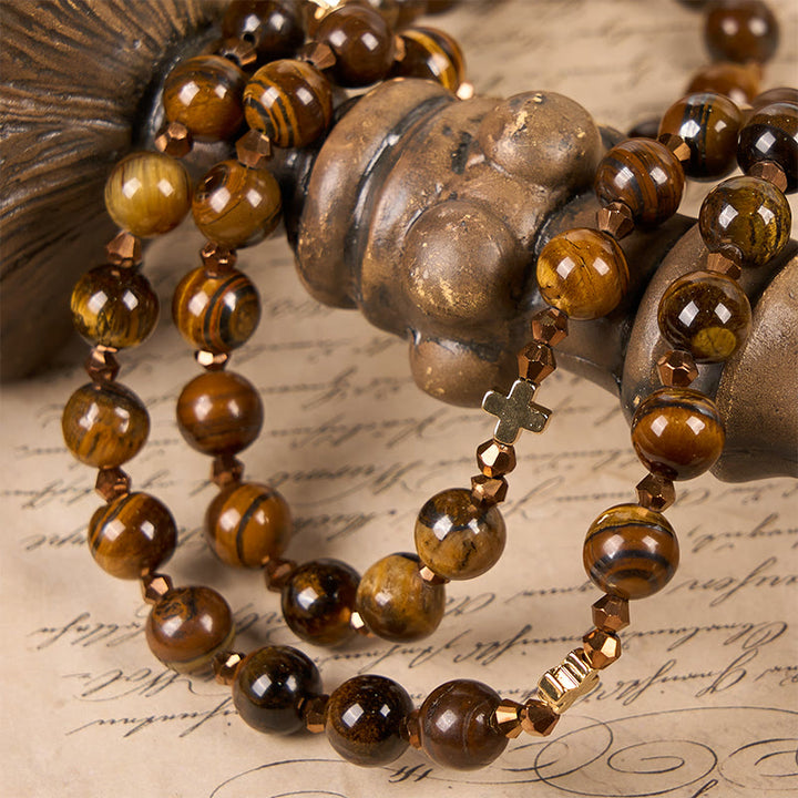 Christianartworkshop St. Benedict Medal & Crucifix of 8 mm Round Brown Tiger's Eye Alloy Chain Rosary - image 5
